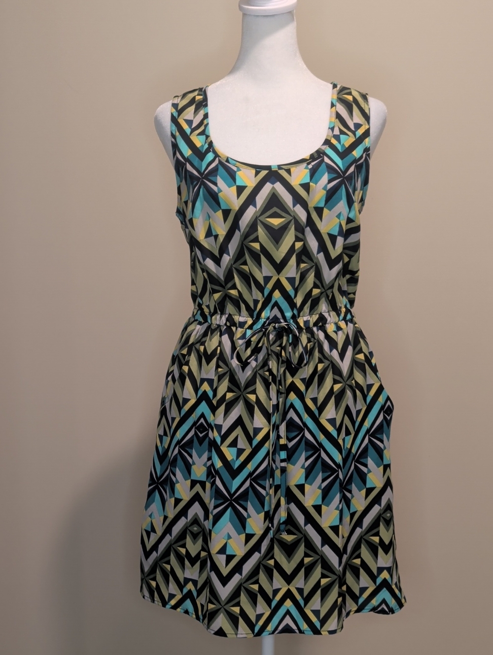 BeBop Geometric Scoop Neck Drawstring Mini Dress - Teal, Yellow, Black, Cream